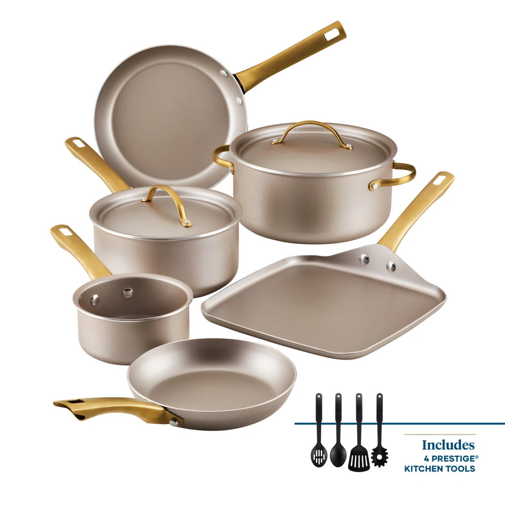 Radiant Nonstick Cookware Pots And Pans Set With Prestige Cooking Tools, 12 Piece, Champagne