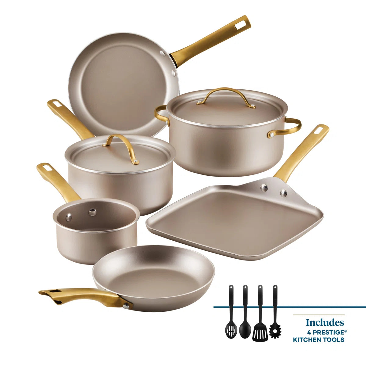 Radiant Nonstick Cookware Pots And Pans Set With Prestige Cooking Tools, 12 Piece, Champagne
