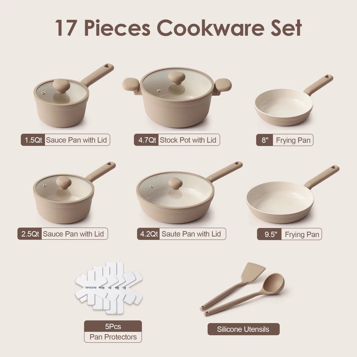 Ceramic Cookware Sets, 17-Piece, Non-Toxic Healthy Non Stick, PFAS PTFE PFOA PFOS Free