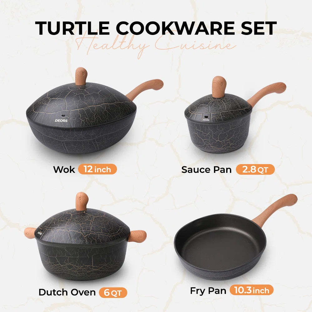 7 - Piece Non-stick Ceramic Cookware Set , Bionic Turtle Design, Induction Compatible , Durable Home Cooking Pots and Pans