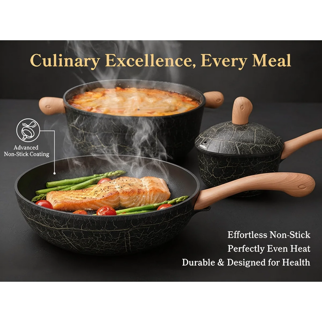 7 - Piece Non-stick Ceramic Cookware Set , Bionic Turtle Design, Induction Compatible , Durable Home Cooking Pots and Pans